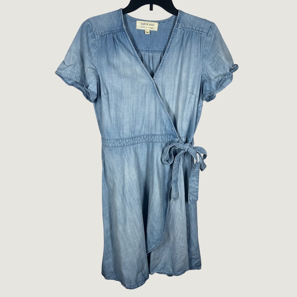 Cloth‎ & Stone Faux Wrap Dress Womens XS Blue Chambray Flutter Sleeve Tie Waist